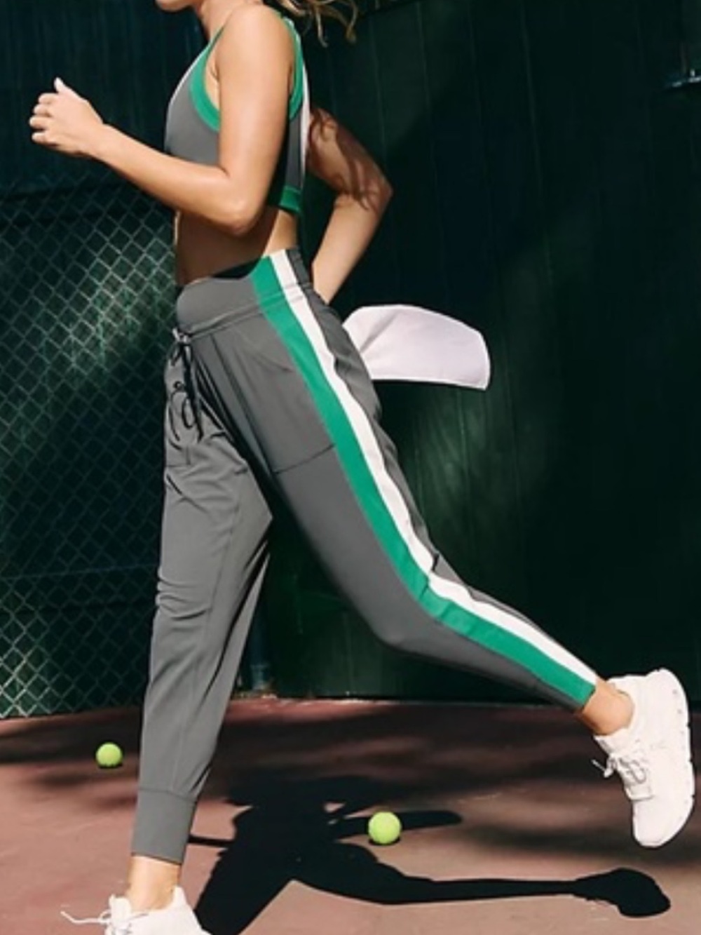 FP Movement by Free People Gray Track Joggers with Green & White Side Stripes